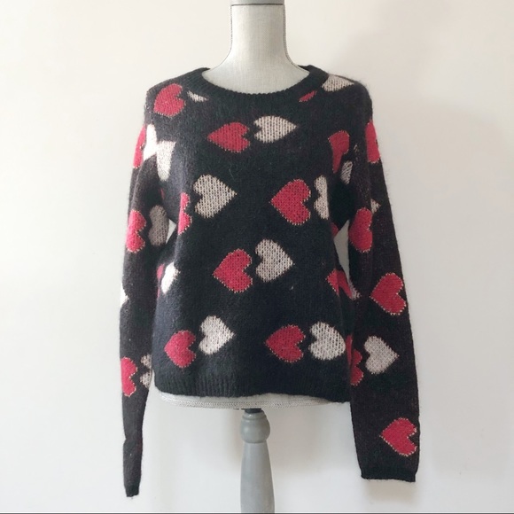 La Petite Francaise mohair wool sweater heart pattern black with pink and red - Picture 2 of 8